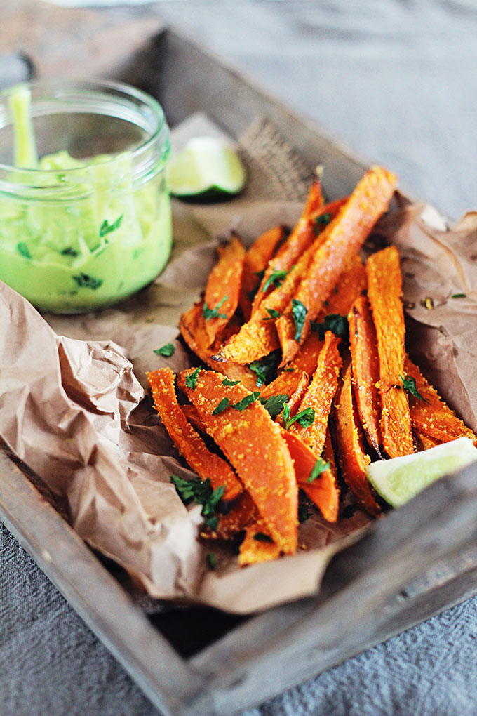 Baked Sweet Potato Fries with Avocado Dipping Sauce (HOLY YUM!)- hands down the best, and healthiest fries I have ever had!